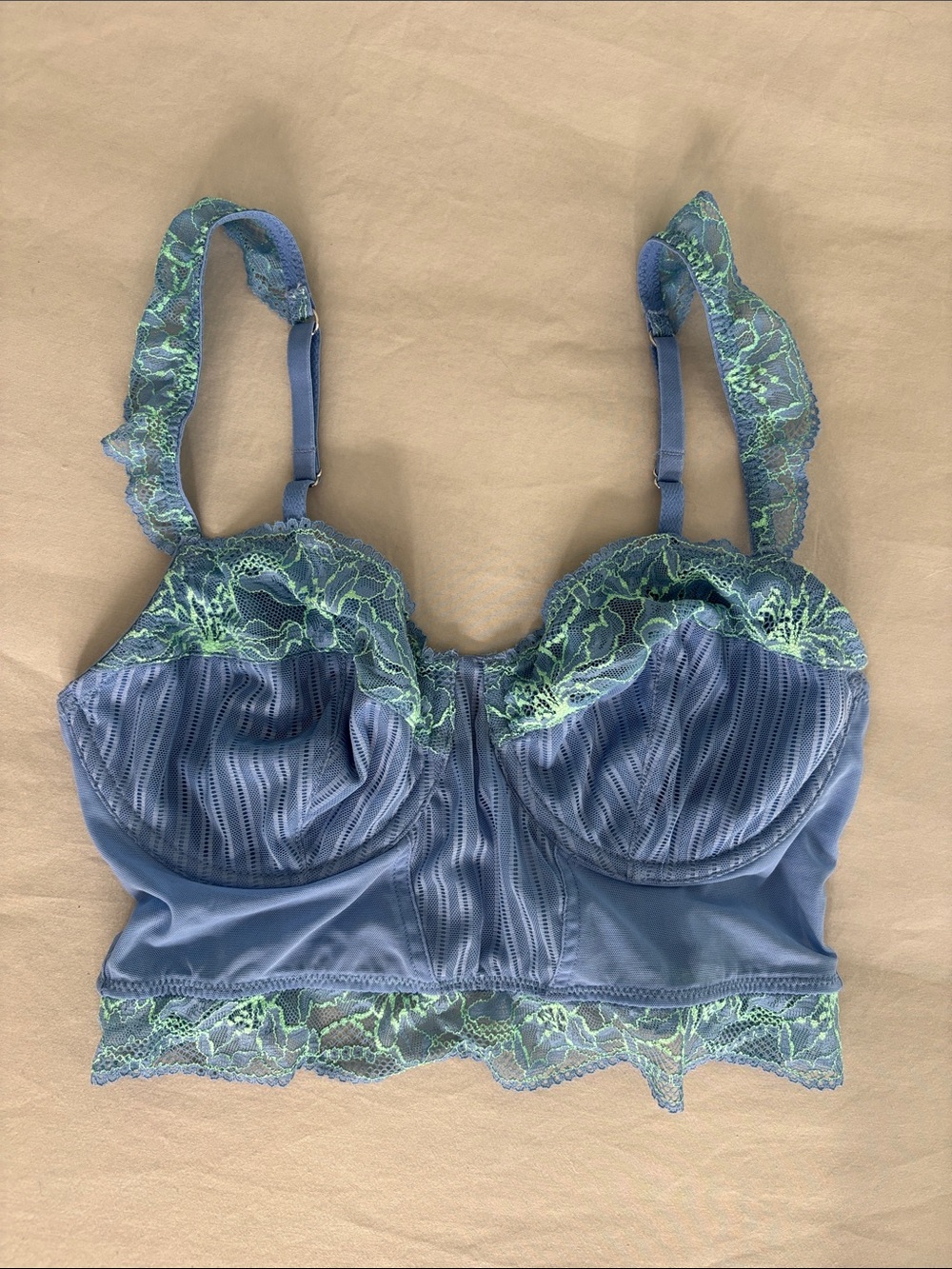 Auden Blue Longline Bra with Green Lace Trim - Picture 5 of 6